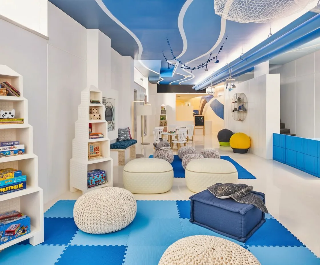 A bright children’s playroom with games and soft seating at Viceroy Los Cabos.
