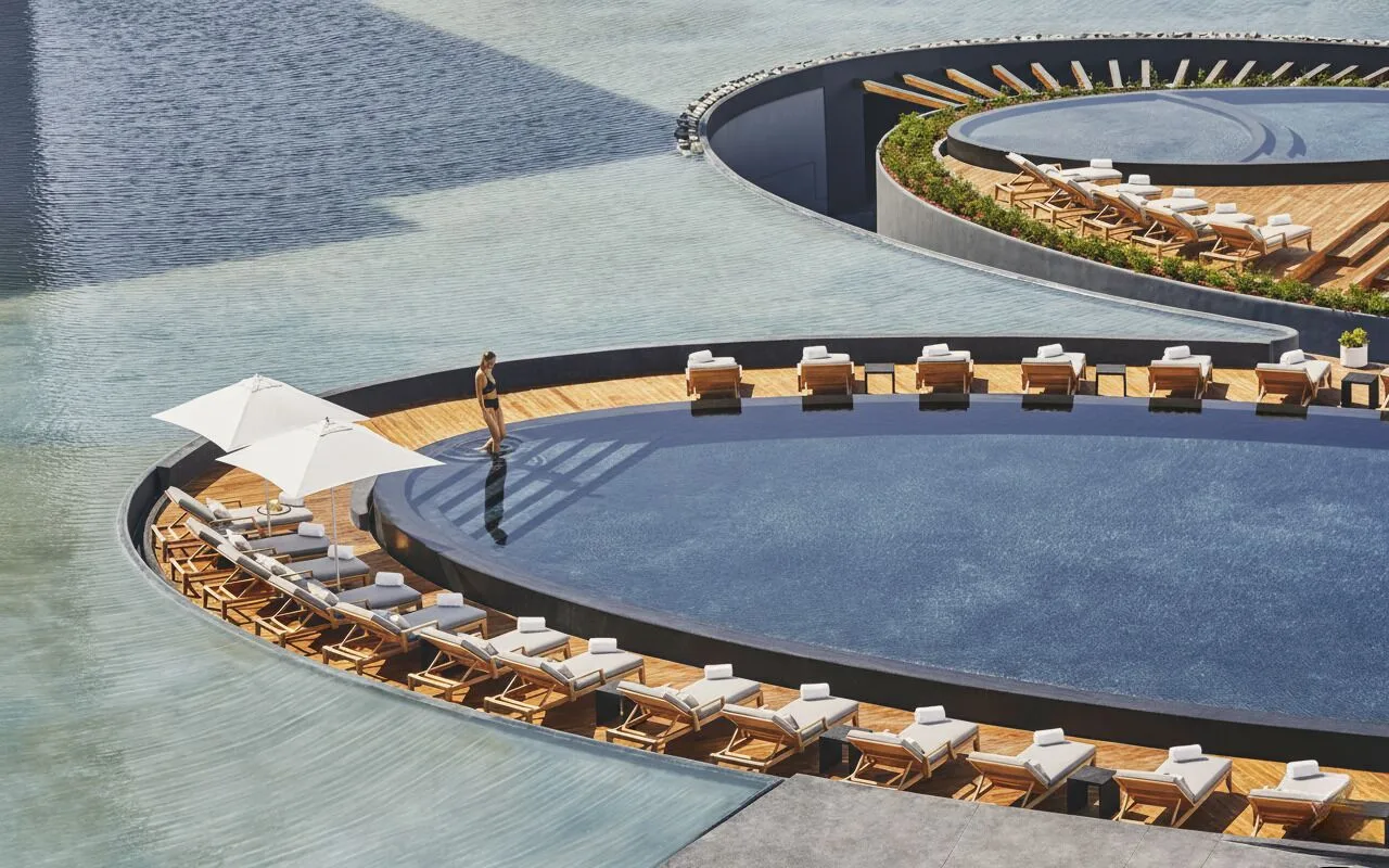 Circular pool decks with loungers surrounded by water at Viceroy Los Cabos.