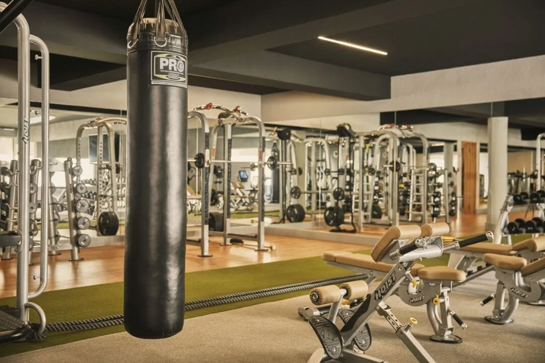 Punching bag, benches, cable machines, and mirrors in the fitness center at Viceroy Los Cabos.