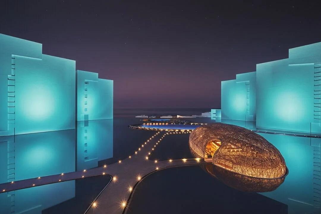 Illuminated reflecting pools and nest-like dining pavilion at Viceroy Los Cabos.