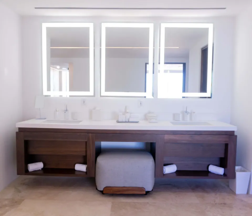 Penthouse double bathroom vanity with illuminated mirrors at Viceroy Los Cabos.