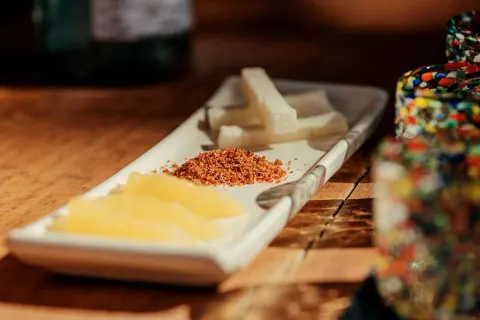 Welcome snack plate with fruit and seasoning in a Luxury Villa at Viceroy Riviera Maya.