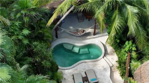 Overhead view of the Royal Villa pool deck framed by palms at Viceroy Riviera Maya.