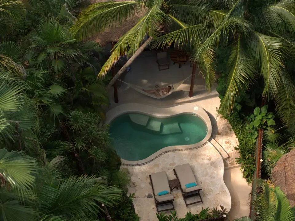 Aerial view of the Royal Villa plunge pool and deck at Viceroy Riviera Maya.