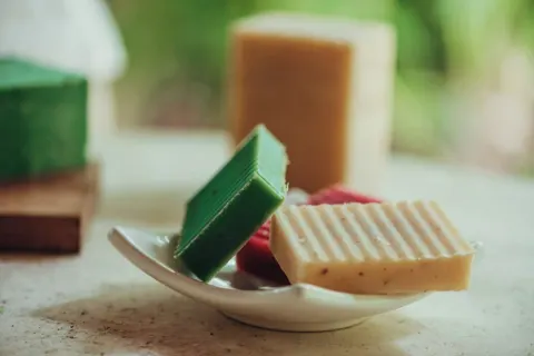 Close-up of bar soaps on a dish in a Viceroy Riviera Maya at Viceroy Riviera Maya.