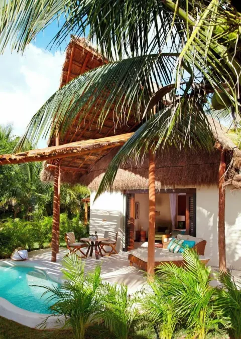 Viceroy Riviera Maya with thatched roof, plunge pool, and tropical plants at Viceroy Riviera Maya.