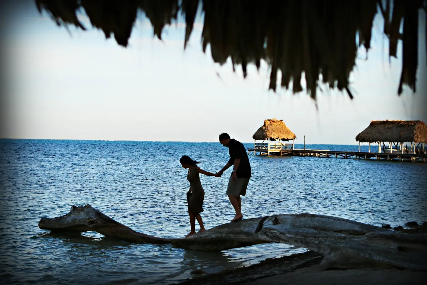 Guests walk on driftwood by the water at Victoria House Resort & Spa.