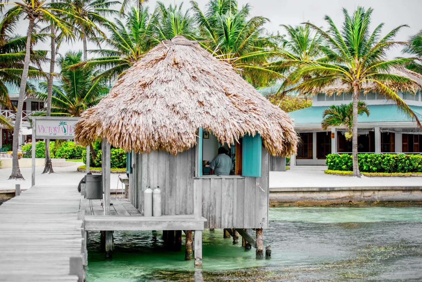 Thatched dock hut and palm-lined shoreline at Victoria House Resort & Spa.