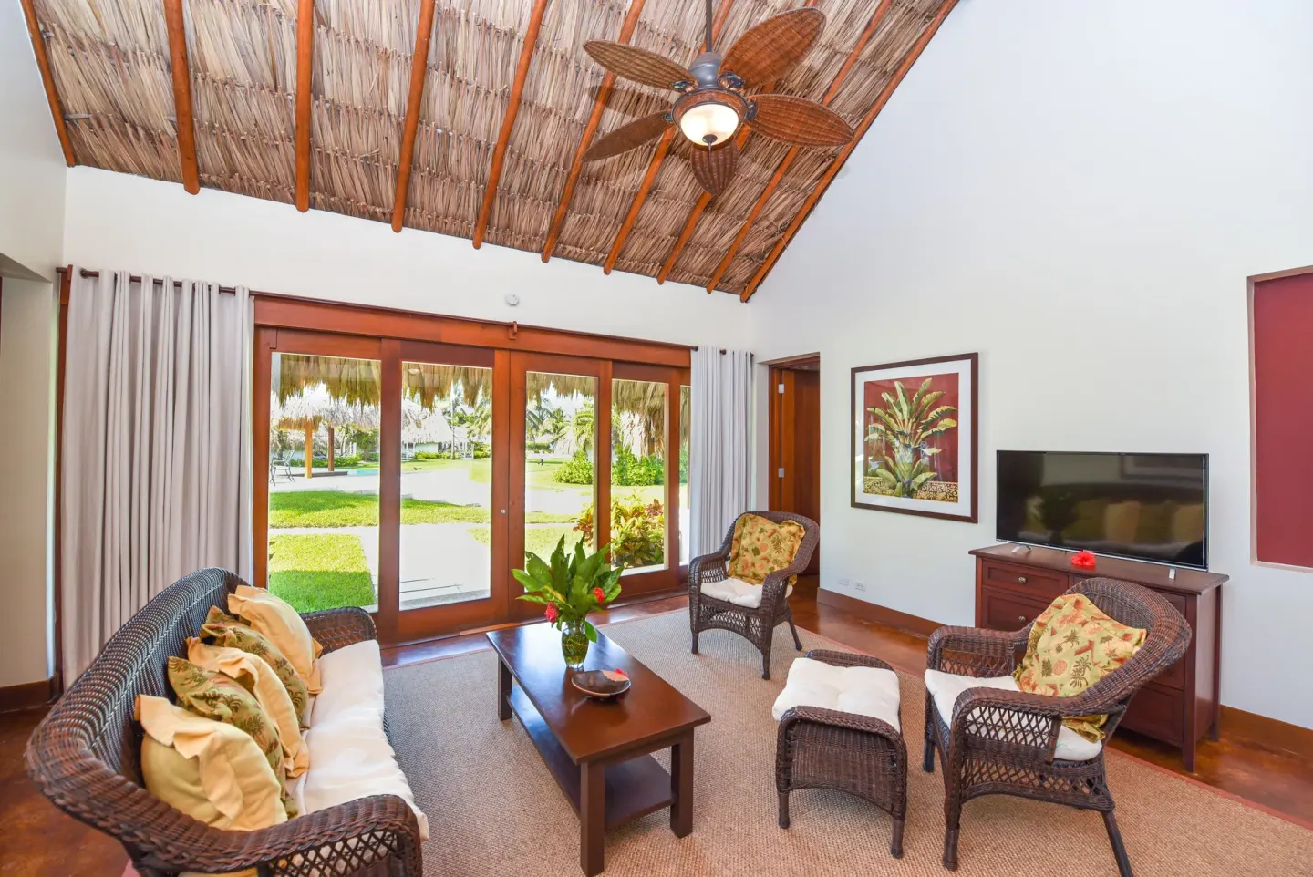 2 Bedroom Luxury Villa living room with garden doors at Victoria House Resort & Spa.