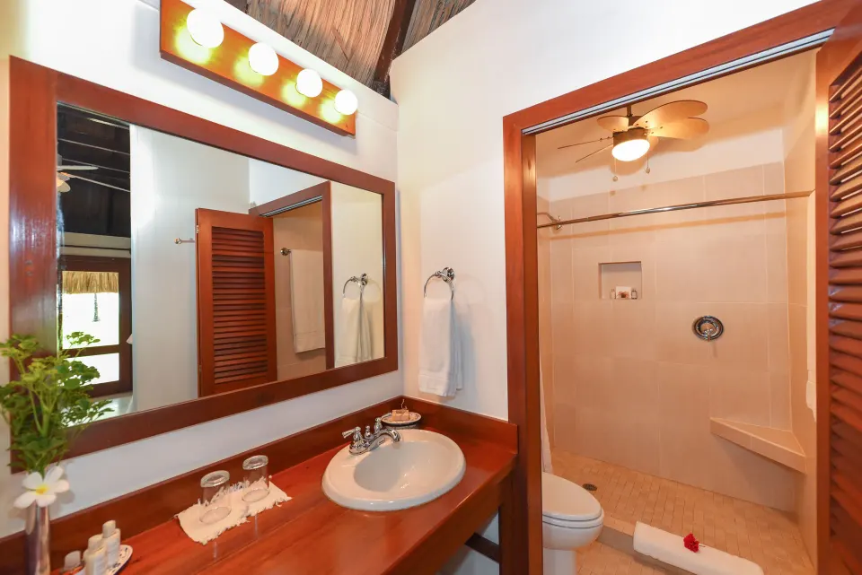 Casita bathroom vanity and walk-in shower at Victoria House Resort & Spa.