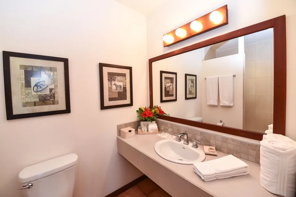Stateroom bathroom vanity with mirror and towels at Victoria House Resort & Spa.