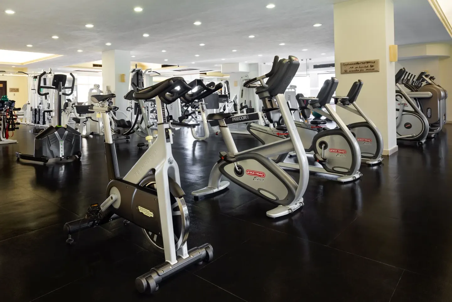 Exercise bikes and cardio equipment in the fitness center at Villa del Arco Beach Resort & Spa Cabo San Lucas.