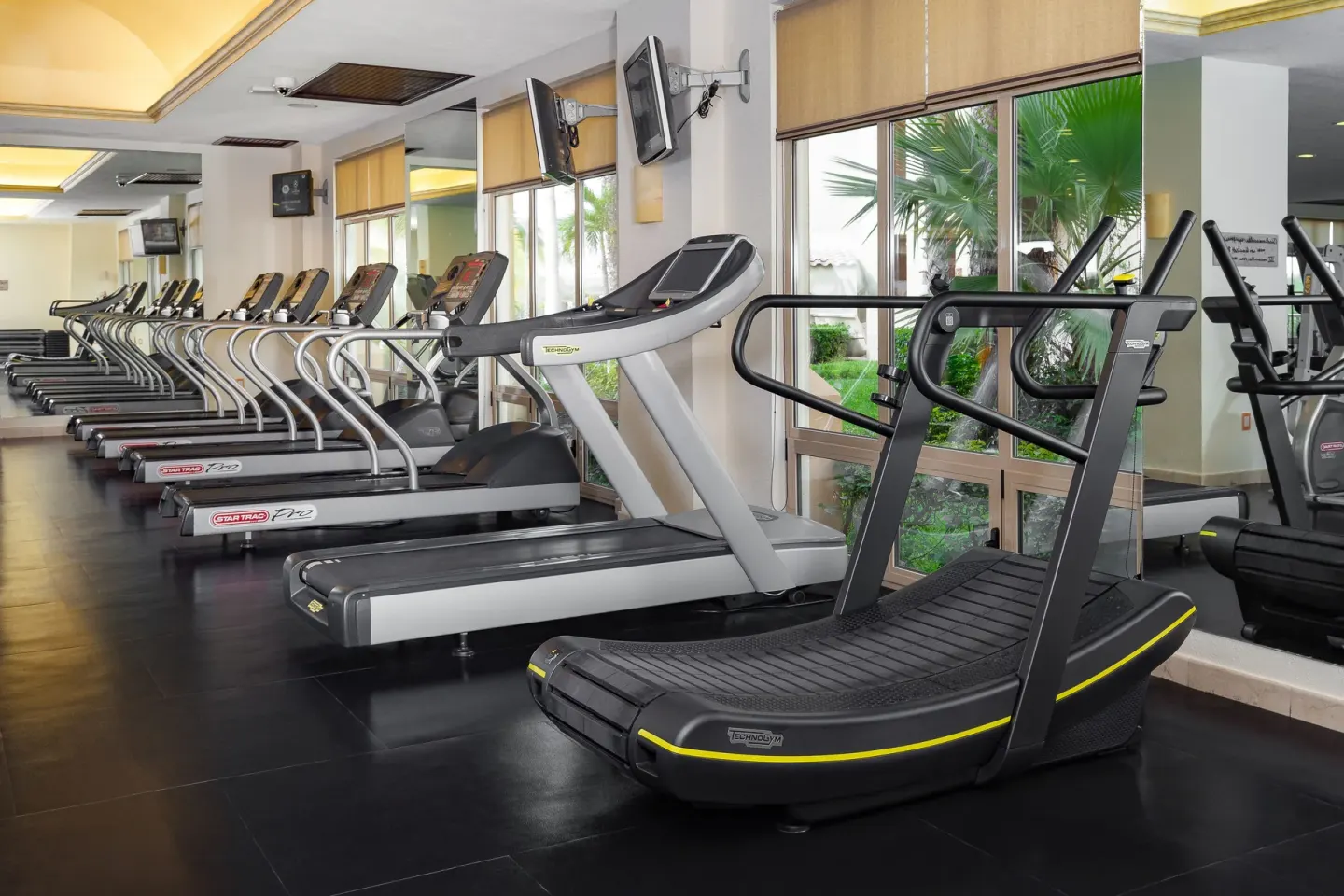 Rows of treadmills and cardio machines in the fitness center at Villa del Arco Beach Resort & Spa Cabo San Lucas.