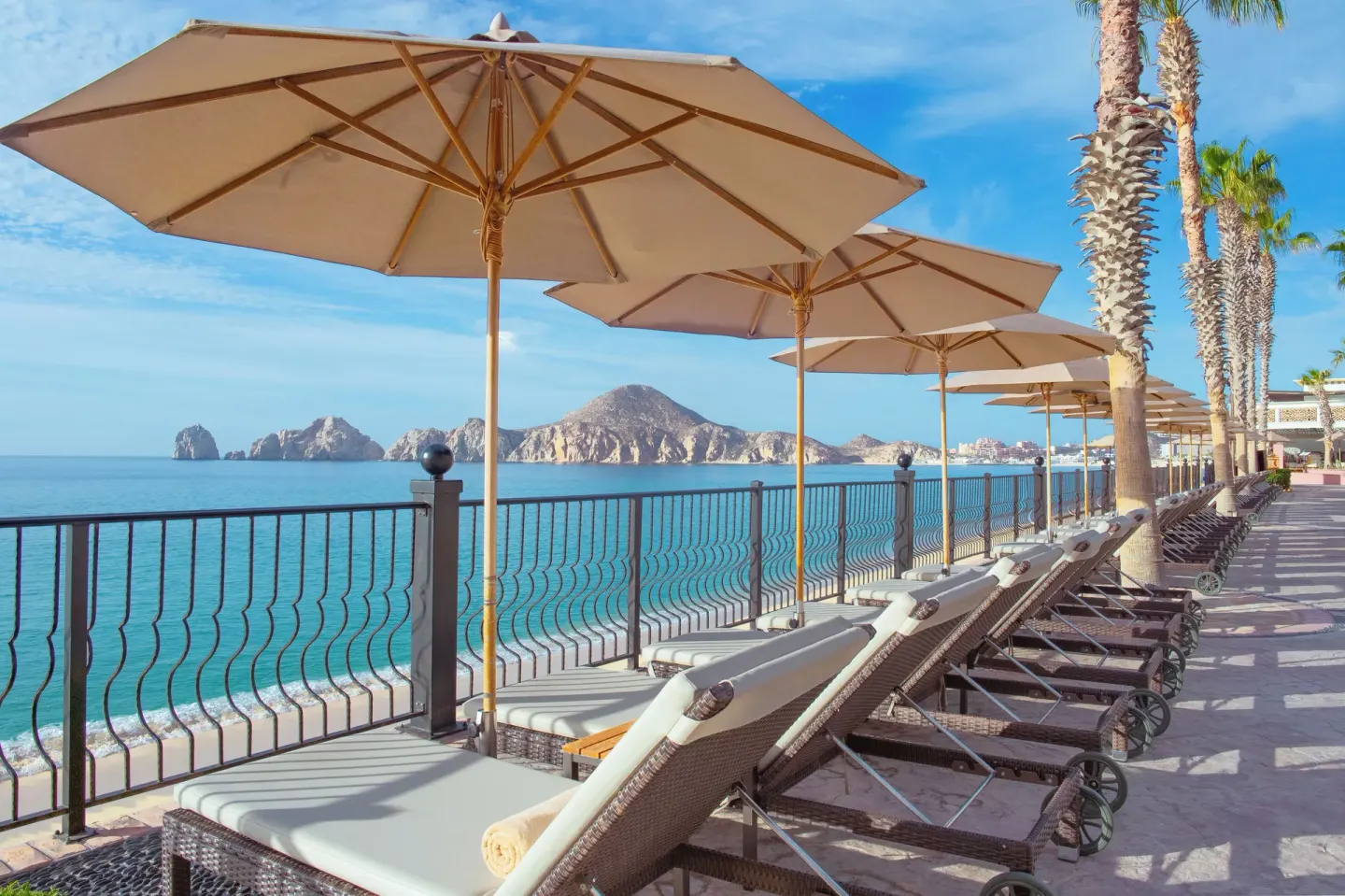 Oceanfront loungers and umbrellas facing the water at Villa del Arco Beach Resort & Spa Cabo San Lucas.