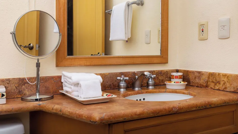Deluxe Studio Garden View bathroom vanity at Villa del Arco Beach Resort & Spa Cabo San Lucas.