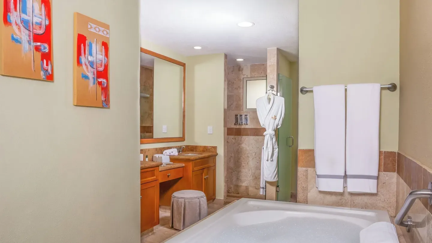 One Bedroom Suite Garden View bathroom tub and shower at Villa del Arco Beach Resort & Spa Cabo San Lucas.