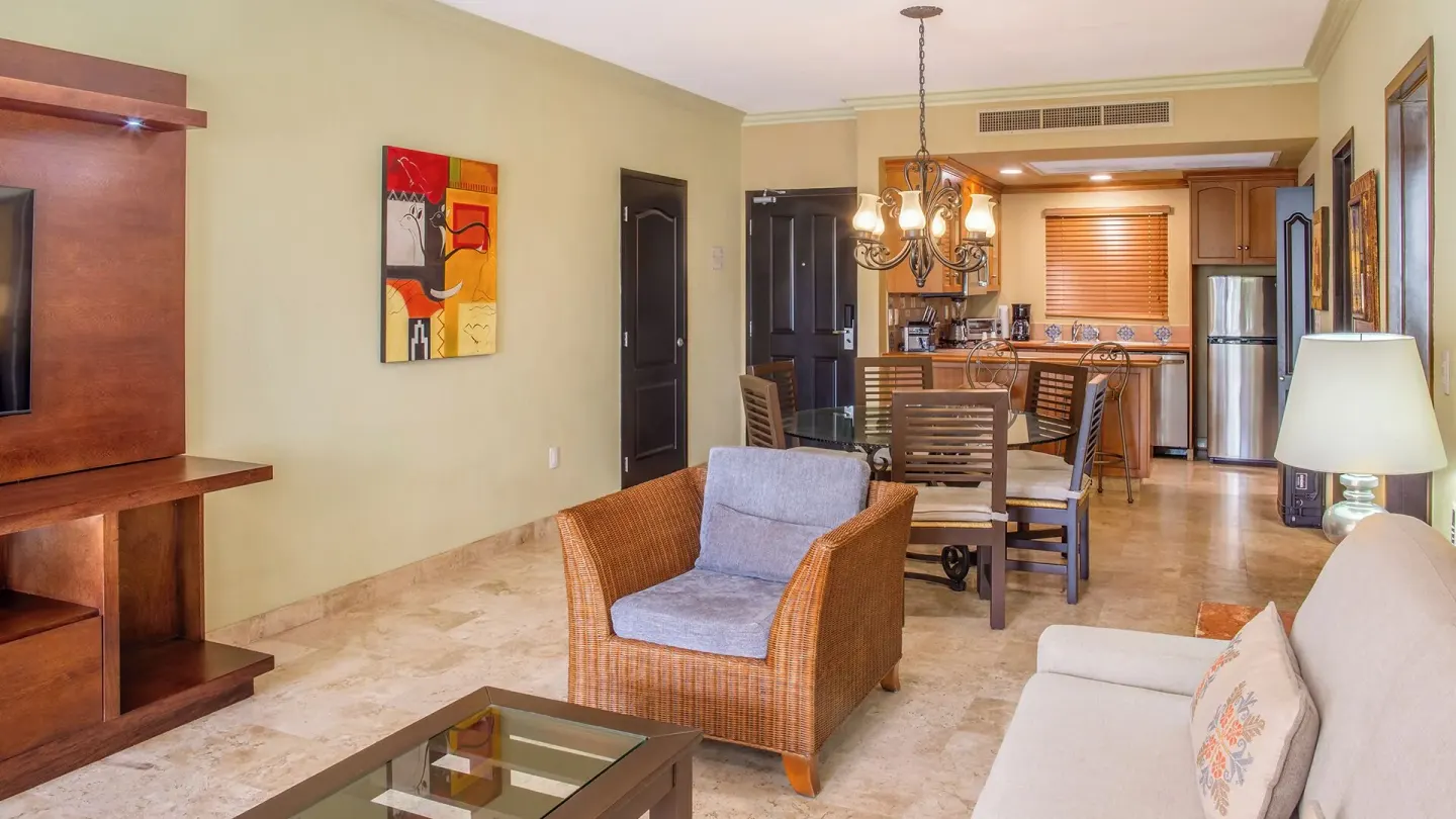 Two Bedroom Suite living room and kitchen at Villa del Arco Beach Resort & Spa Cabo San Lucas.