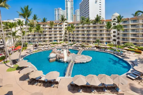 Overhead view of the main pool courtyard at Villa del Palmar Beach Resort and Spa, Puerto Vallarta.