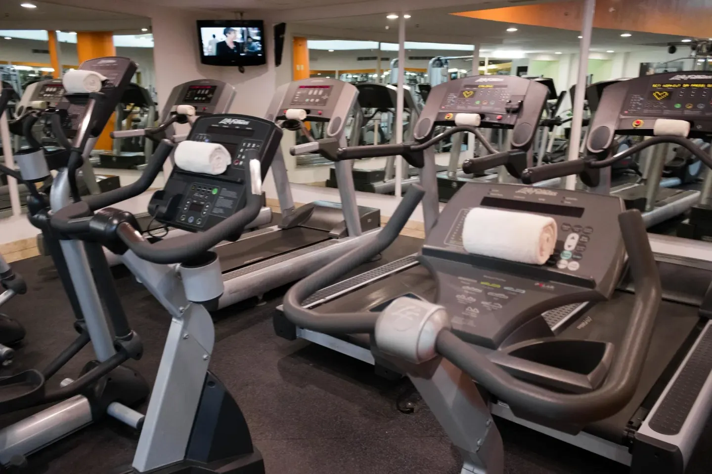Fitness center treadmills and cardio machines at Villa Del Palmar Flamingos Beach Resort and Spa.