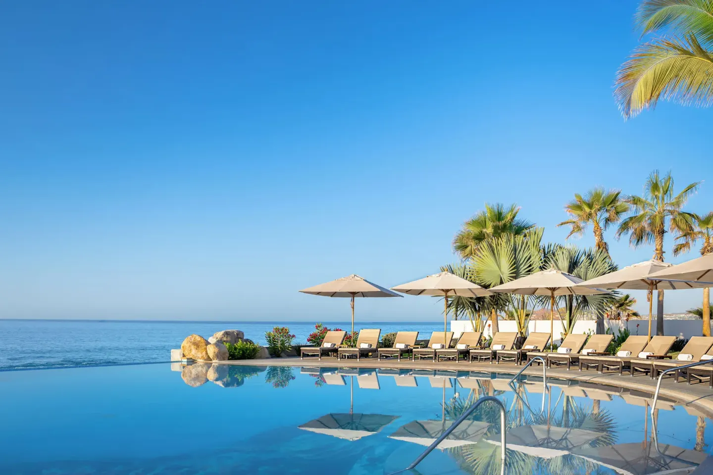 Curved infinity pool with umbrellas and ocean horizon at Villa La Valencia Los Cabos Beach Resort & Spa.