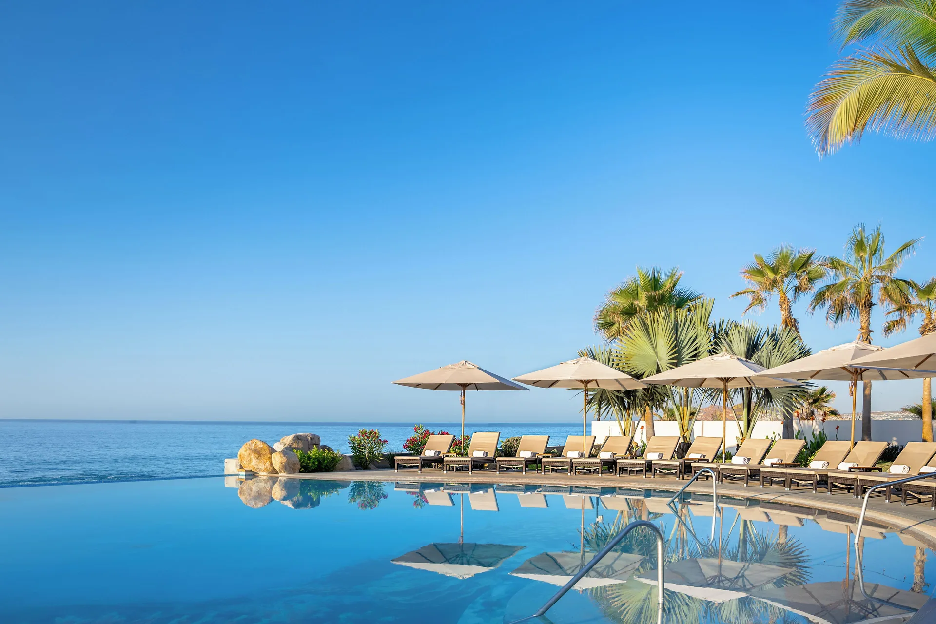 Curved infinity pool with umbrellas and ocean horizon at Villa La Valencia Los Cabos Beach Resort & Spa.