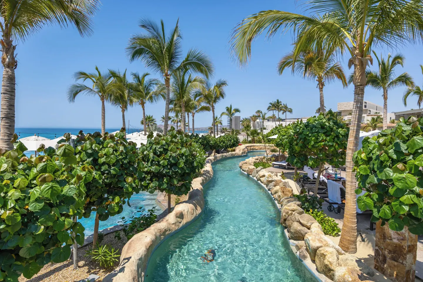 Palm-lined lazy river winding through the resort at Villa La Valencia Los Cabos Beach Resort & Spa.