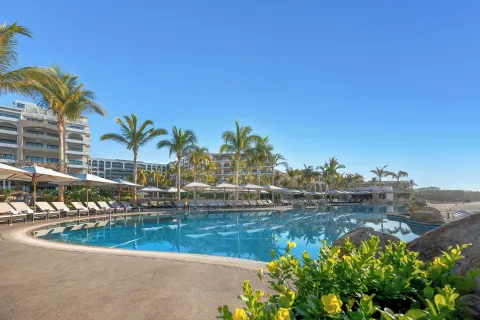 Pool deck, palms, and beachside grounds at Villa La Valencia Los Cabos Beach Resort & Spa.