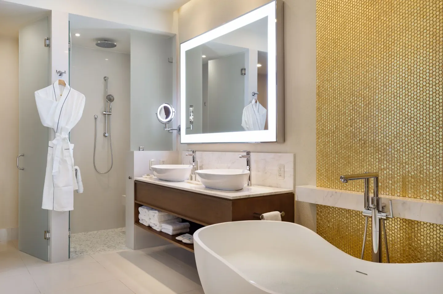 Deluxe Studio bathroom with soaking tub and double vanity at Villa La Valencia Los Cabos Beach Resort & Spa.