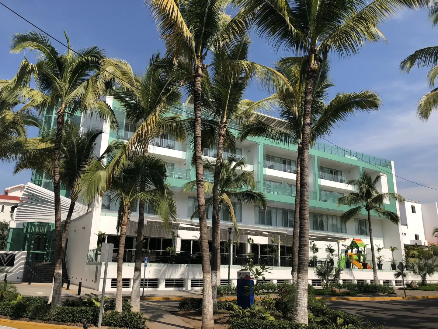 Palm trees frame the modern street-facing exterior of Villa Varadero.