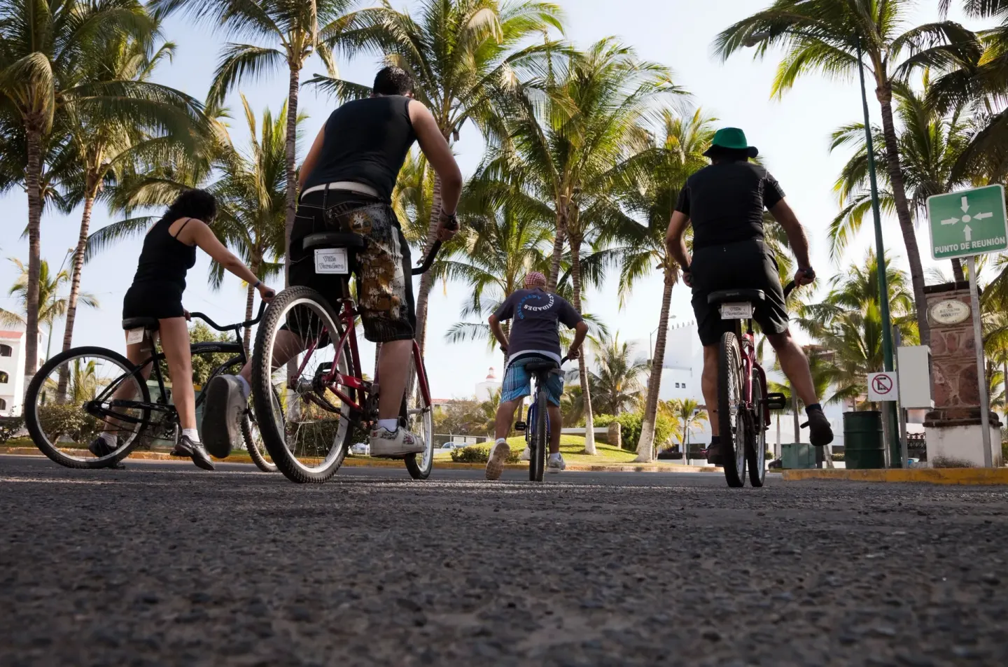 Cyclists ride along a palm-lined road near Villa Varadero.