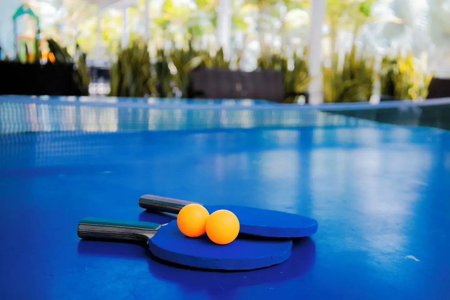 Table tennis paddles and orange balls on a blue table at Villa Varadero.