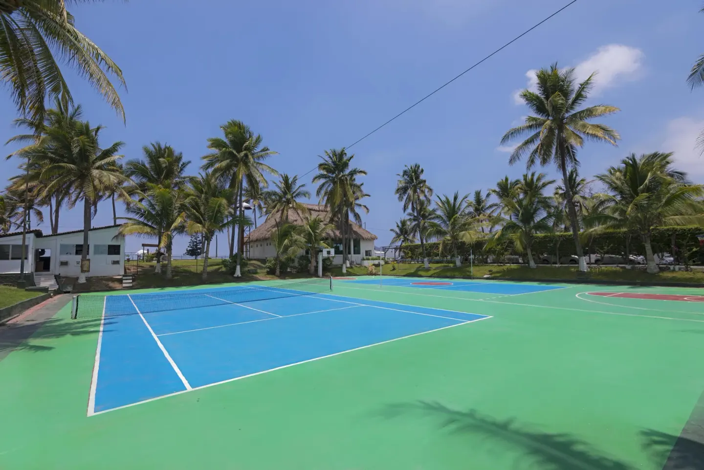 Outdoor tennis and sport courts with palm trees at Vista Playa de Oro Manzanillo.