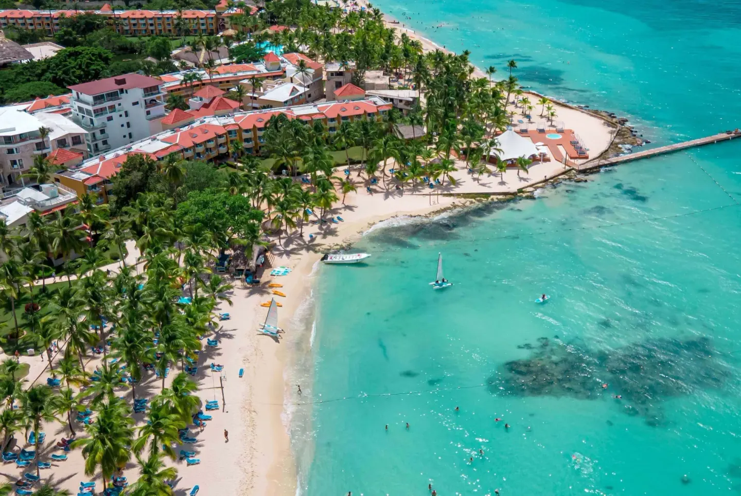 Aerial view of the beach, palm trees, and turquoise water at Viva Dominicus Palace.