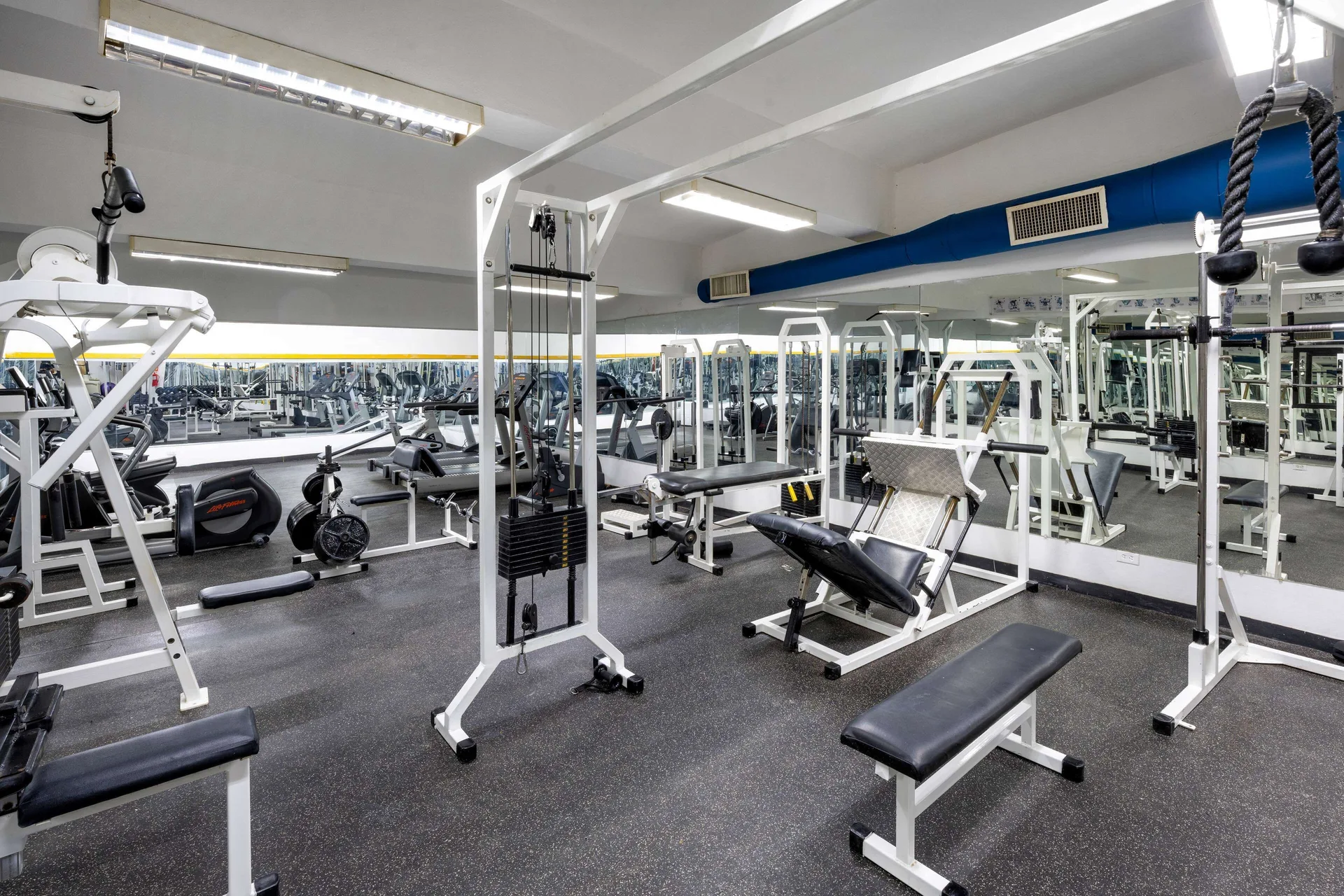 Fitness room with weight machines, benches, mirrors, and cardio equipment at Viva Dominicus Palace.