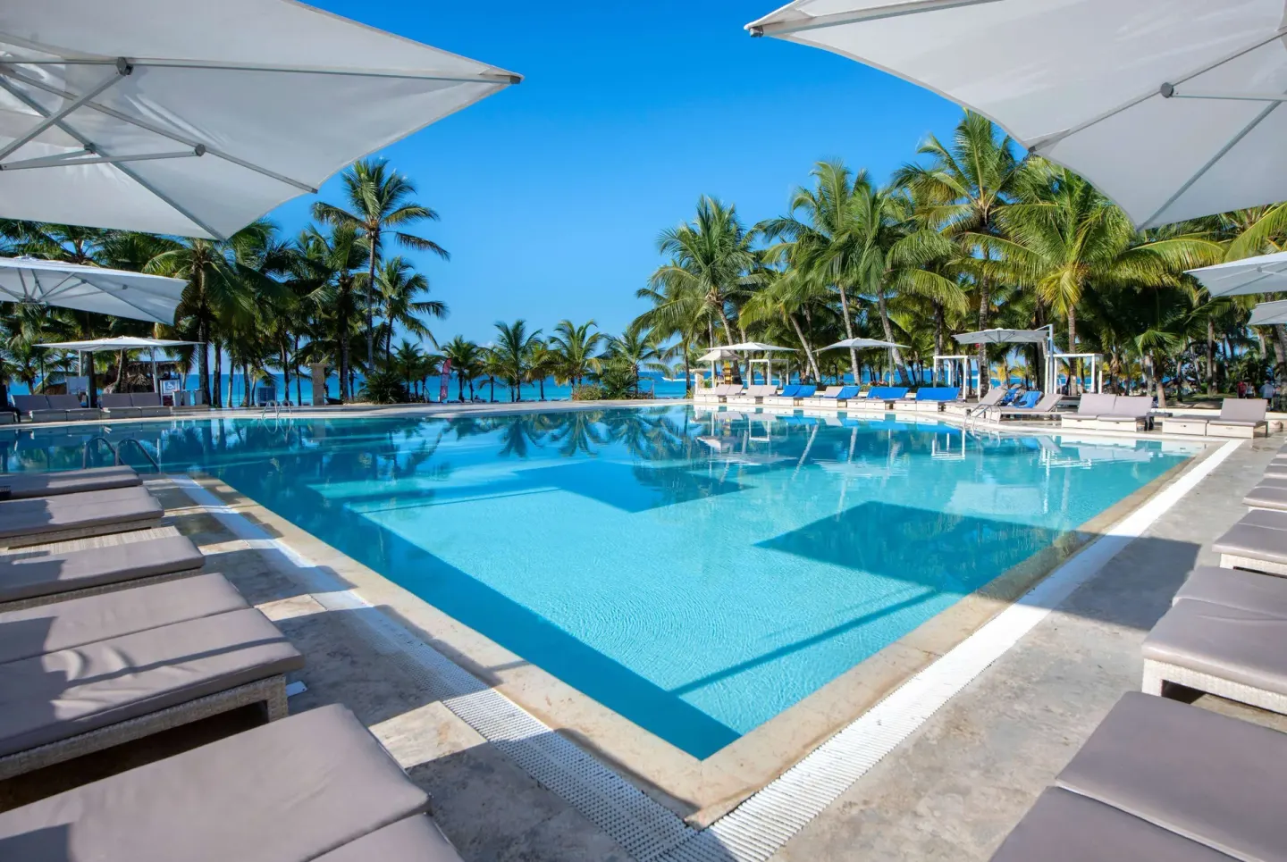 Poolside loungers and umbrellas beside a palm-lined pool at Viva Dominicus Palace.