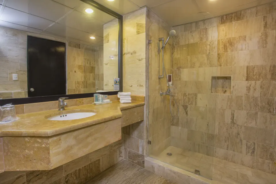 Superior Room bathroom with stone vanity and glass shower at Viva Dominicus Palace.