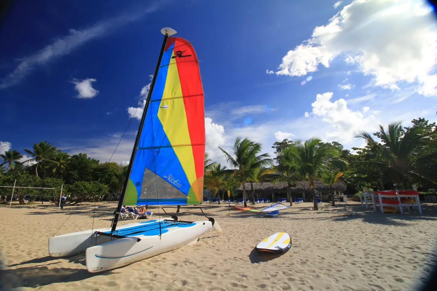 Colorful catamaran and paddleboard on the sandy beach at Viva Heavens.