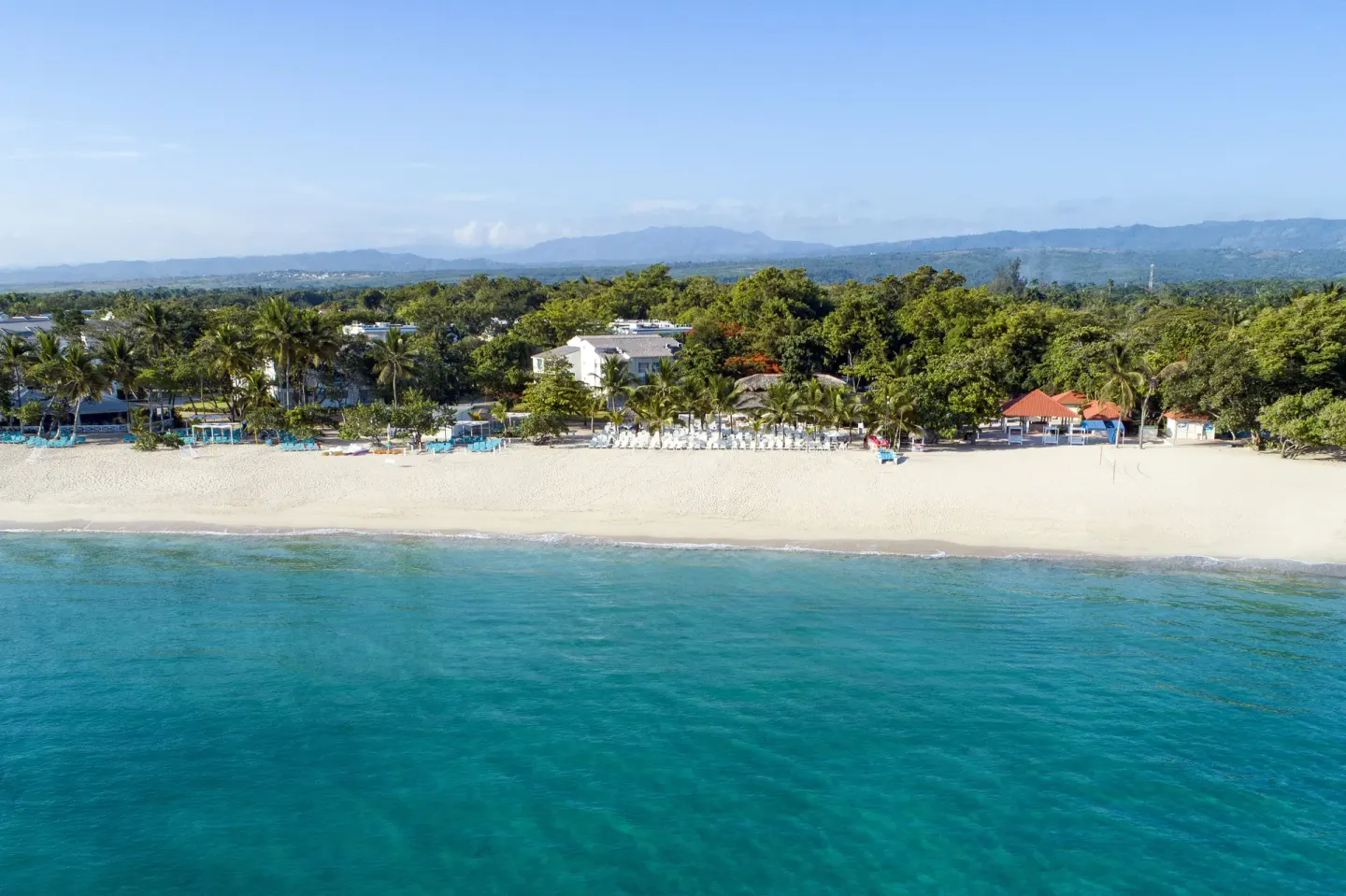 Aerial view of the beach, turquoise water, and beachfront trees at Viva Heavens.