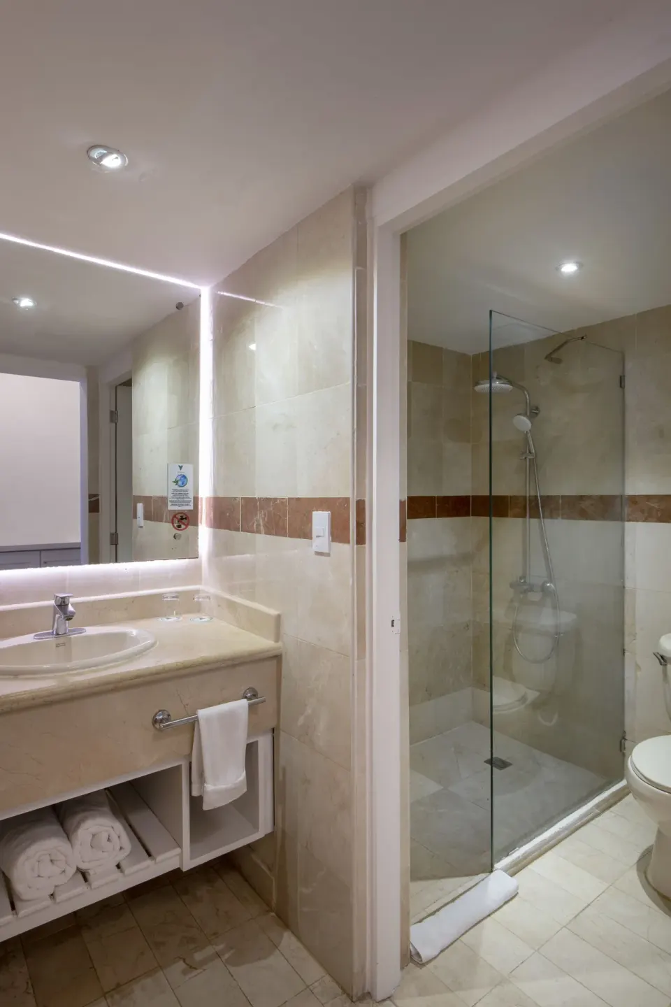Amnesia room bathroom with vanity, mirror, glass shower, and toilet at Viva Heavens.