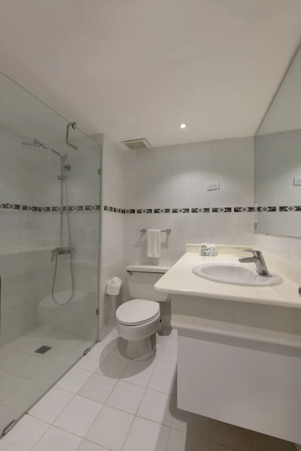 Nirvana room bathroom with glass shower, toilet, sink, and mirror at Viva Heavens.