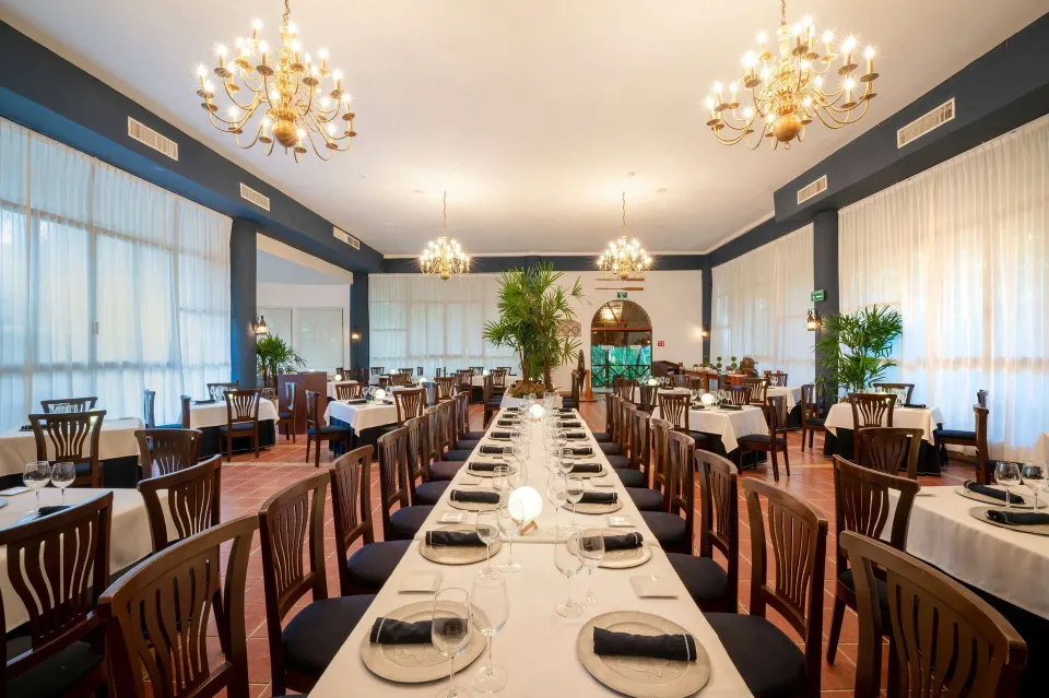Long communal table in an elegant dining room at Viva Maya