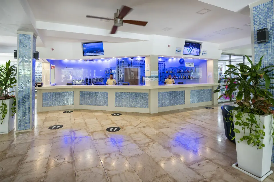 Bright indoor bar with blue backlighting and tiled floor at Viva Maya.