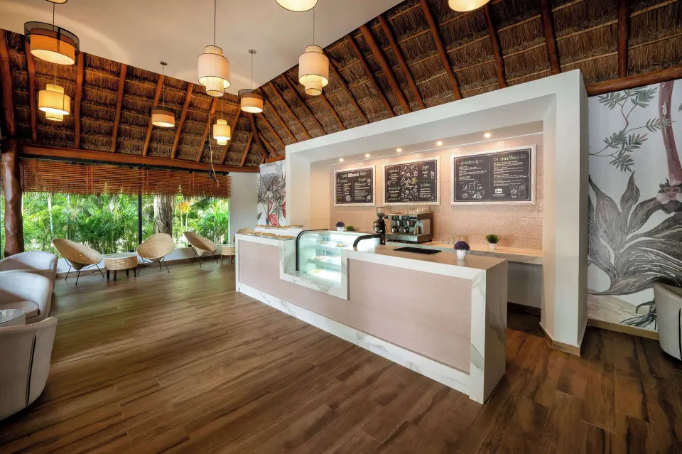Bright thatched-roof café counter and seating area at Viva Maya
