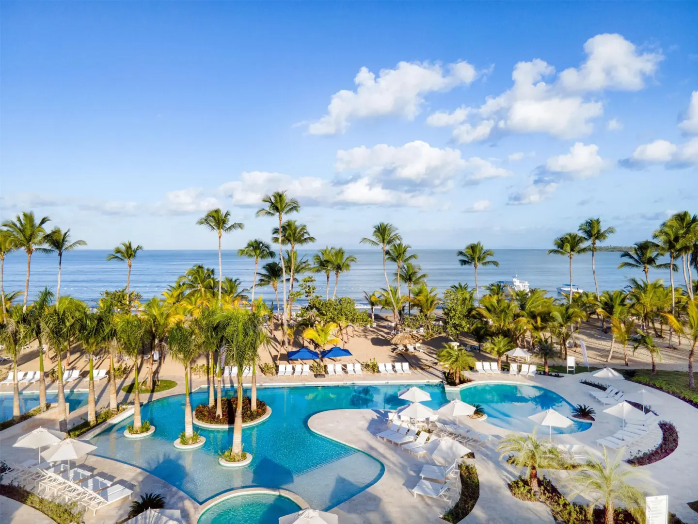 Palm-lined pool and oceanfront beach at Viva Miches under a blue sky.
