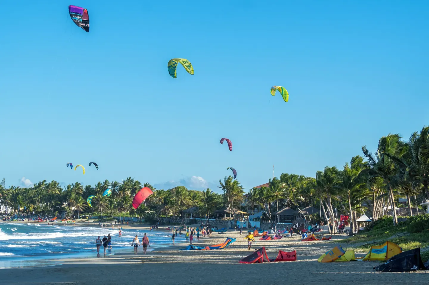 Kitesurfing beach with colorful kites in the sky at Viva Tangerine.