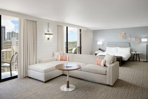 City View Junior Suite sofa bed and king bed at Waikiki Beach Marriott Resort & Spa.