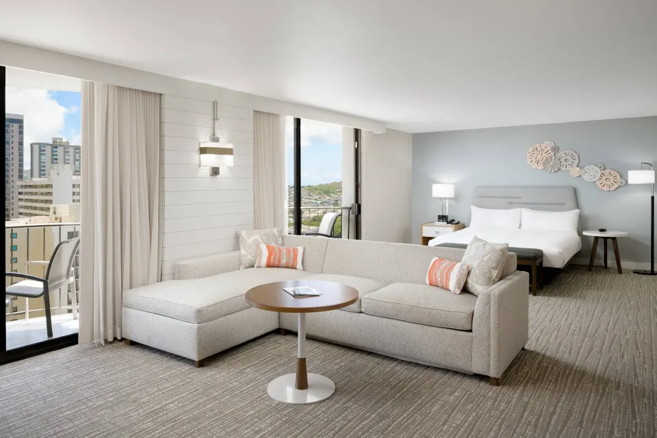 City View Junior Suite sofa bed and king bed at Waikiki Beach Marriott Resort & Spa.