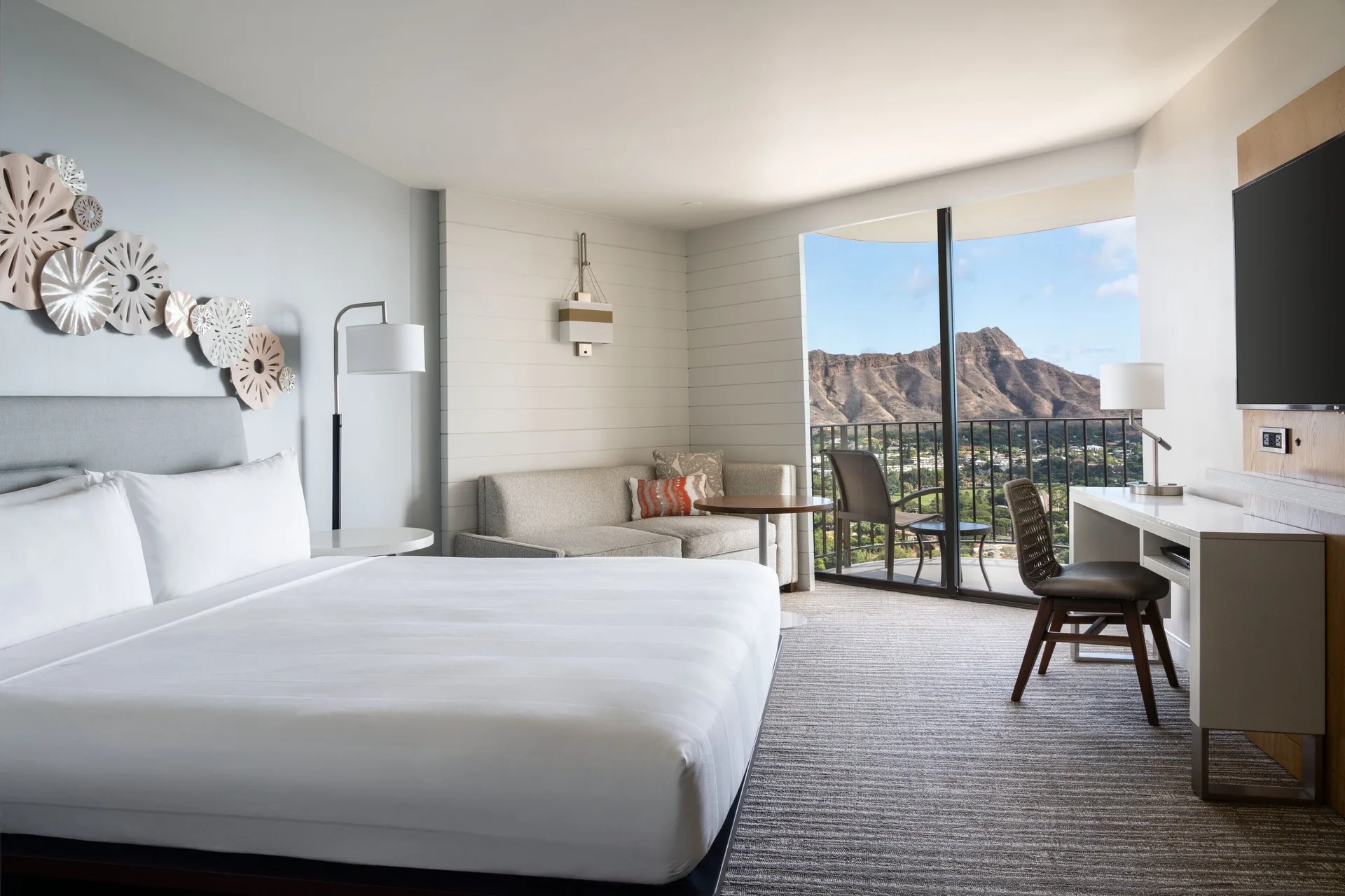 Diamond Head Ocean View Room with king bed and balcony at Waikiki Beach Marriott Resort & Spa.