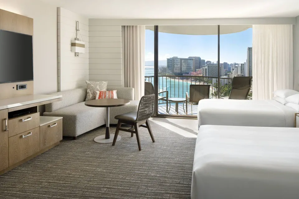 Ocean front two-bed room with balcony at Waikiki Beach Marriott Resort & Spa.