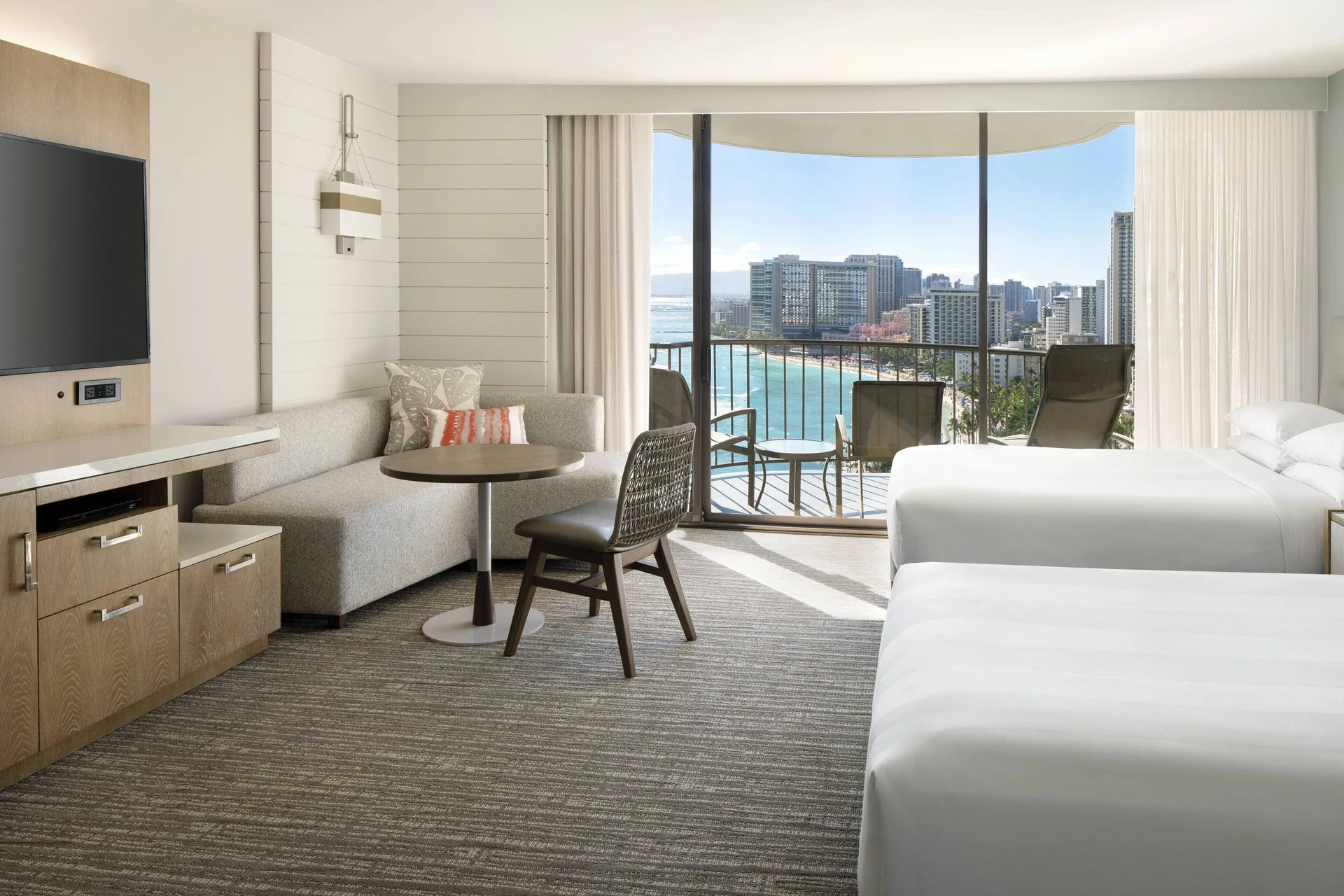 Ocean front two-bed room with balcony at Waikiki Beach Marriott Resort & Spa.
